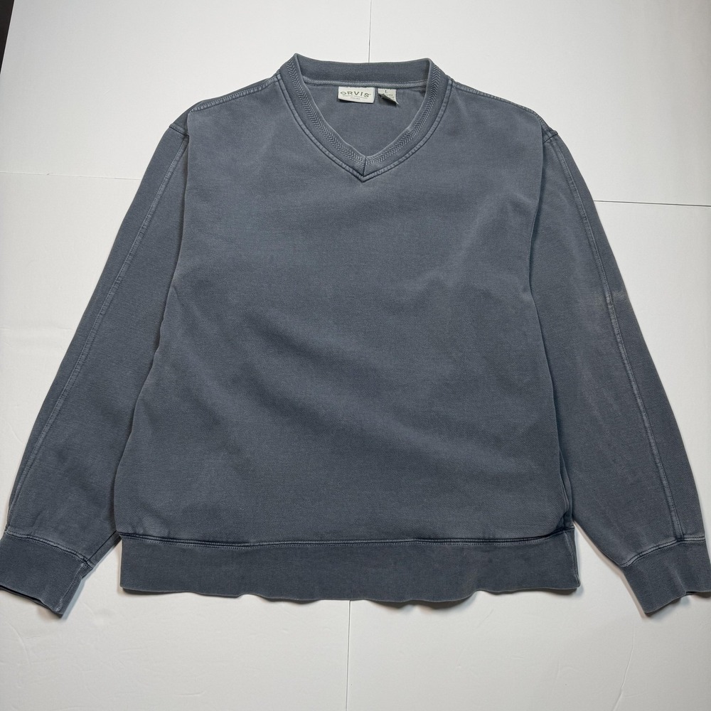 Orvis Sweatshirt Mens Large Blue V Neck Pullover Knit Cotton Blend Pockets